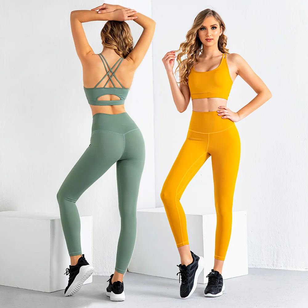 

2021 New Summer Fitness 2 Piece Active Wear Nude Color Private Label Custom Logo Yoga Bras Women Leggings Gym Two Piece Set
