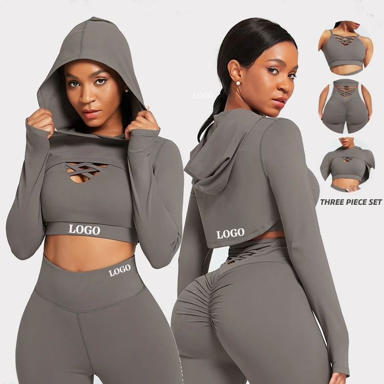 

High Quality Solid Color Cut-Out Hooded Crop Top Women Fitness 3 Piece Yoga Activewear Sets, As shown