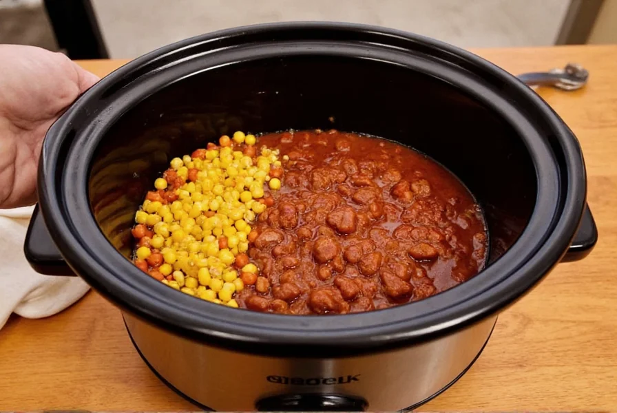 Slow cooker with homemade chili recipe ingredients on wooden table, inspired by The Office Kevin's Famous Chili