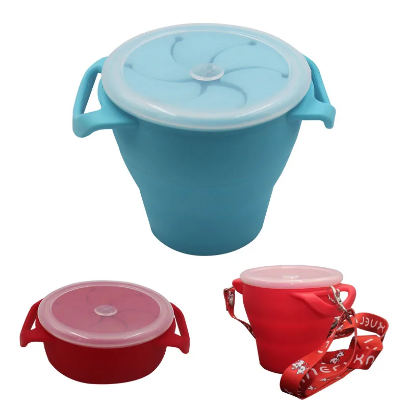 

Food Grade Folding Baby Silicone Snack Cup with Lid And Straw, Gray,blue,purple,white,red