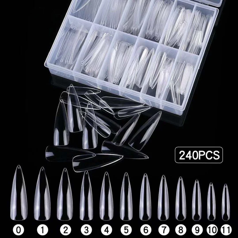 

240Pcs/Box Amazon Hot Style Manicure French Full Cover XXL Coffin Tip Transparent Press On Stiletto Nail Tips