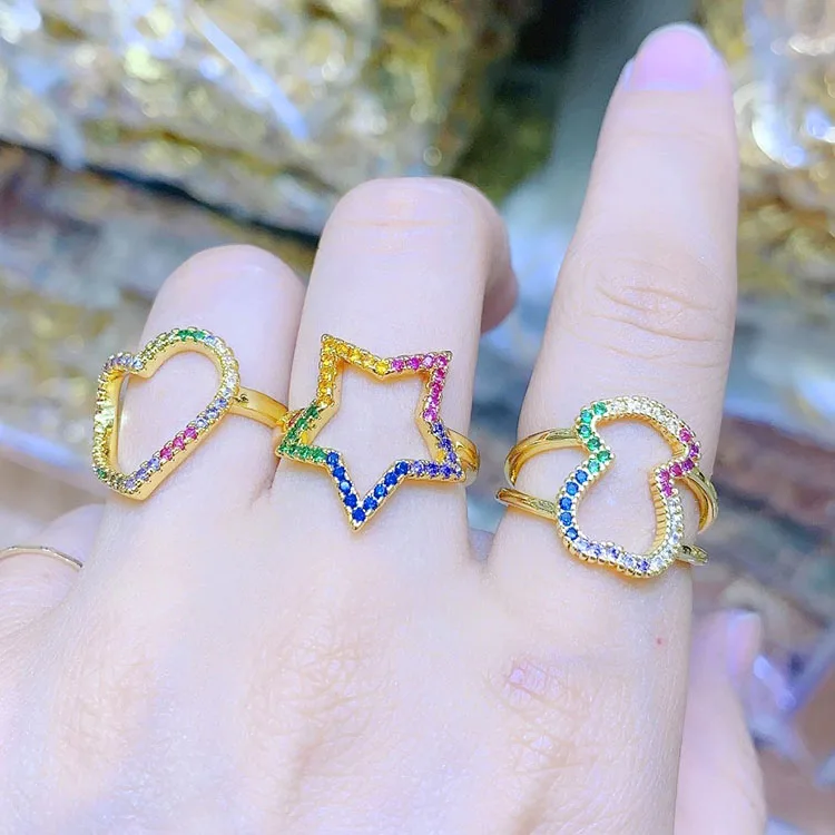 

RM1135 Chic 18k Gold Plated Rainbow CZ Diamond CZ Micro Pave Star Heart Bear Finger Rings for Women Ladies