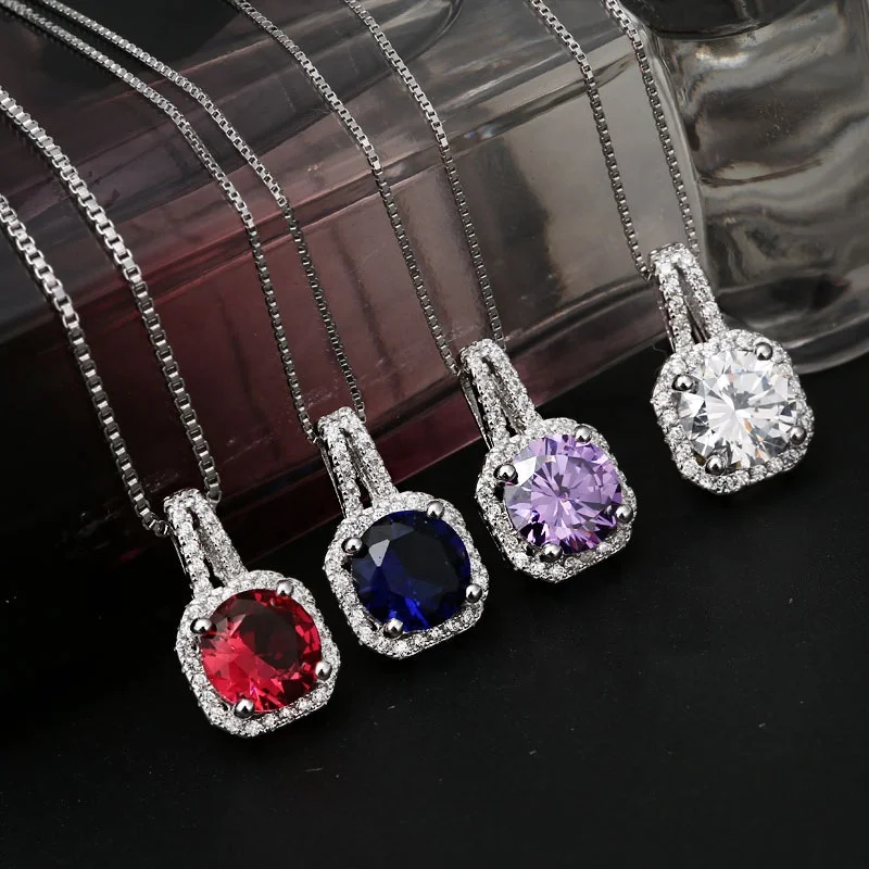 

New Fashion Shiny Zircon Square Diamond Pendant Necklaces 4 Colors Women Clavicle Chain Fine Jewelry