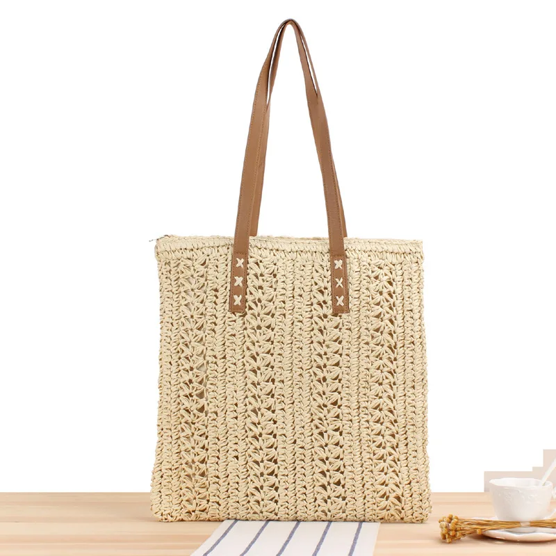 

2021 Summer New Crochet Deisgn Hand Weave Solid Colour Paper Straw Shoulder Square Tote Bag Women Ladies Beach Handbags