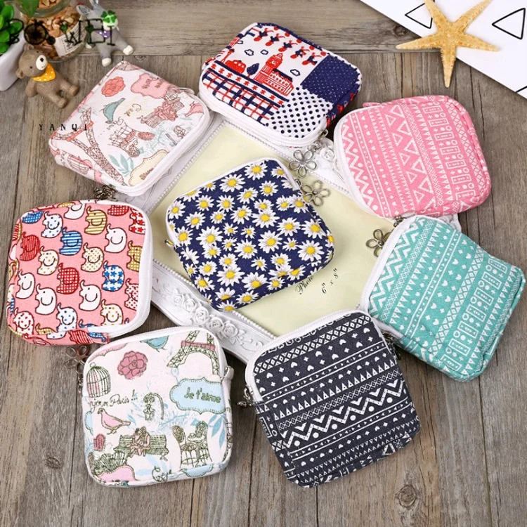

Wholesale travel outdoor cute washable canvas girls sanitary pads napkin coin cosmetic package storage bag, Optional