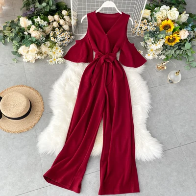 

2020 New fashion women off shoulder long jumpsuits with belt