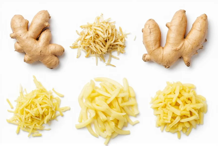Different ginger preparation techniques showing peeled, grated, sliced, and minced ginger for cooking applications