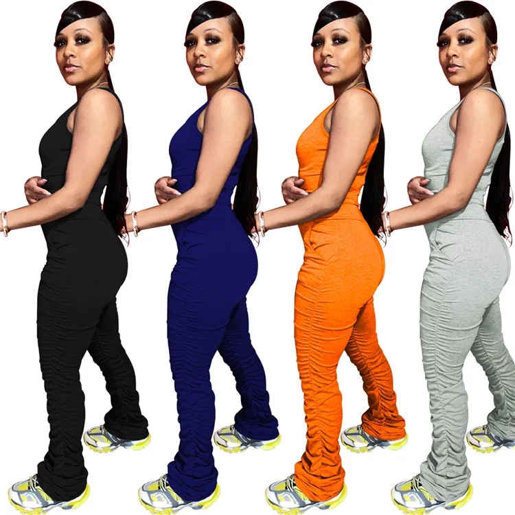 

New Arrival Sleeveless O Neck Pleated Plain Color Pocket Rompers One Piece Summer Women Jumpsuits
