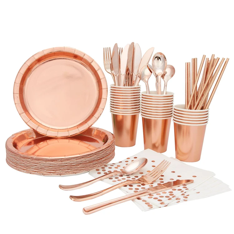 

Amazon Hot Style Paper Plate All Rose Gold 9 "7" Paper Cup Paper Napkin Set Disposable Tableware