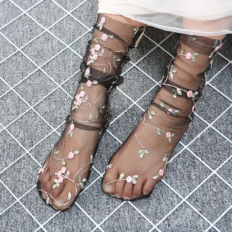 

Loose Complex Embroidery Flowered Tulle Nylon Sheer Socks Girls