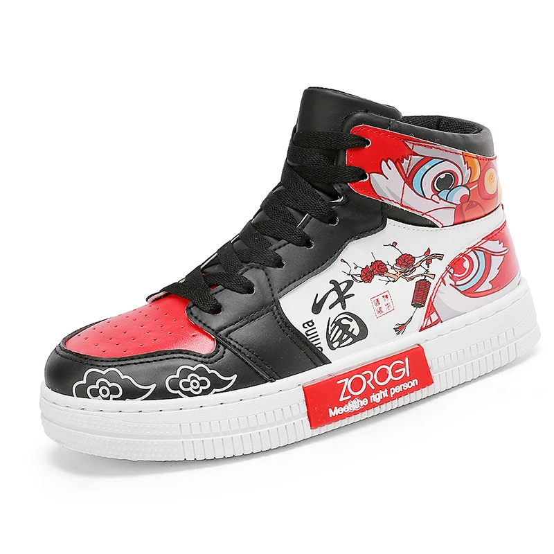 

Chinese Style Lion Pattern Trendy Shoes Women Couple High Top Skateboard Men's Sneakers, Blue,red