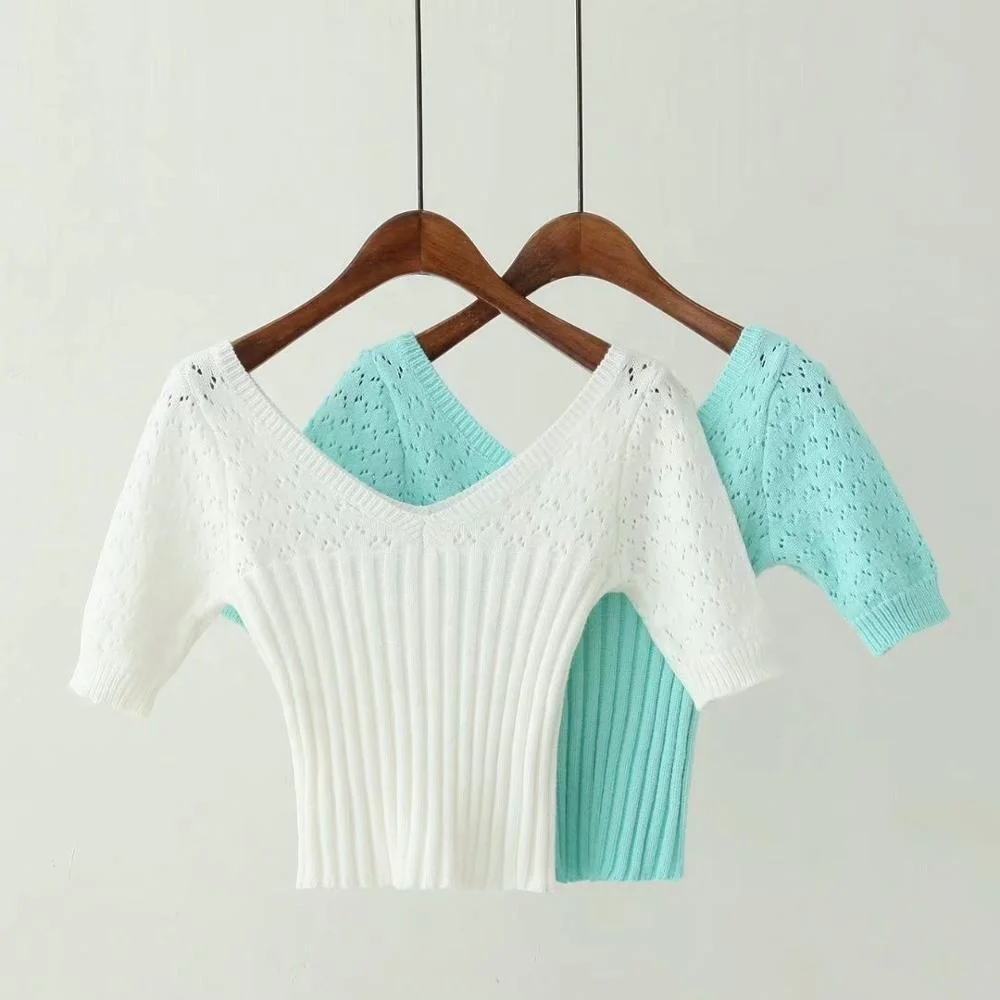 

B52813A Latest fashion women sexy v neck short sleeve knitted t-shirt, White/green