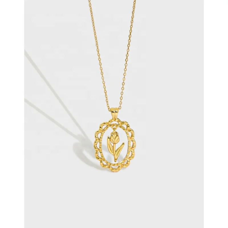 

New Fashion S925 Sterling Silver Flower Pendant Necklace Tulip Flower Pendant Necklace for Women