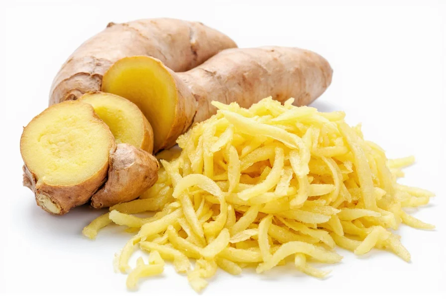 Fresh ginger root with peeled sections showing fibrous interior and close-up of grated ginger