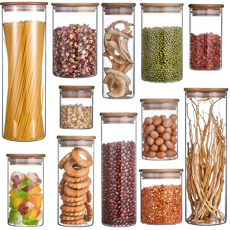 

Bamboo Kitchen spice glass jar bottle with bamboo lid set storage spice mason jar