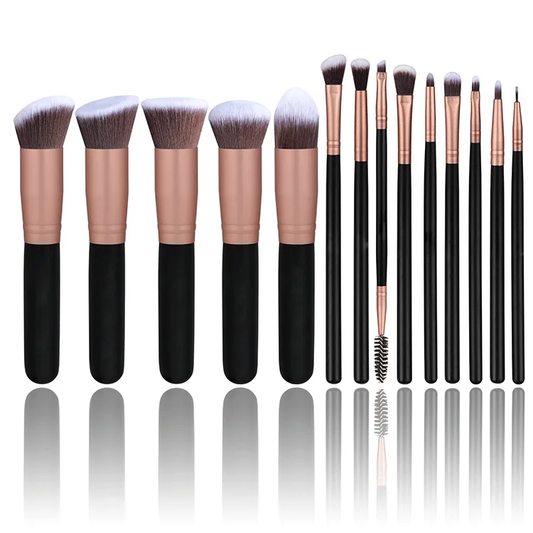 

Hot sale 14 matte vegan natural cosmetics rose gold makeup brushes set beauty tools foundation brush set