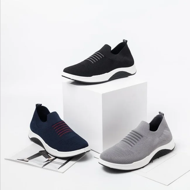

Men shoes fashion knitting fabric running shoes sneakers light breathable large size jogging casual shoes, Blue black and gray