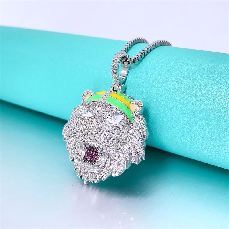 

Custom Logo Pendant Buss Down Fully Iced Out S925 Moissanite 3D Enamel Lion Pendants