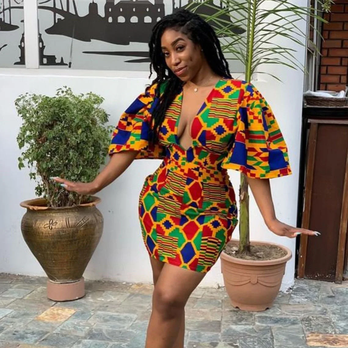 

1438 MuslimQLO digitally printed Indonesian deep V-neck flared sleeve hip dress african print dress women, 3 color
