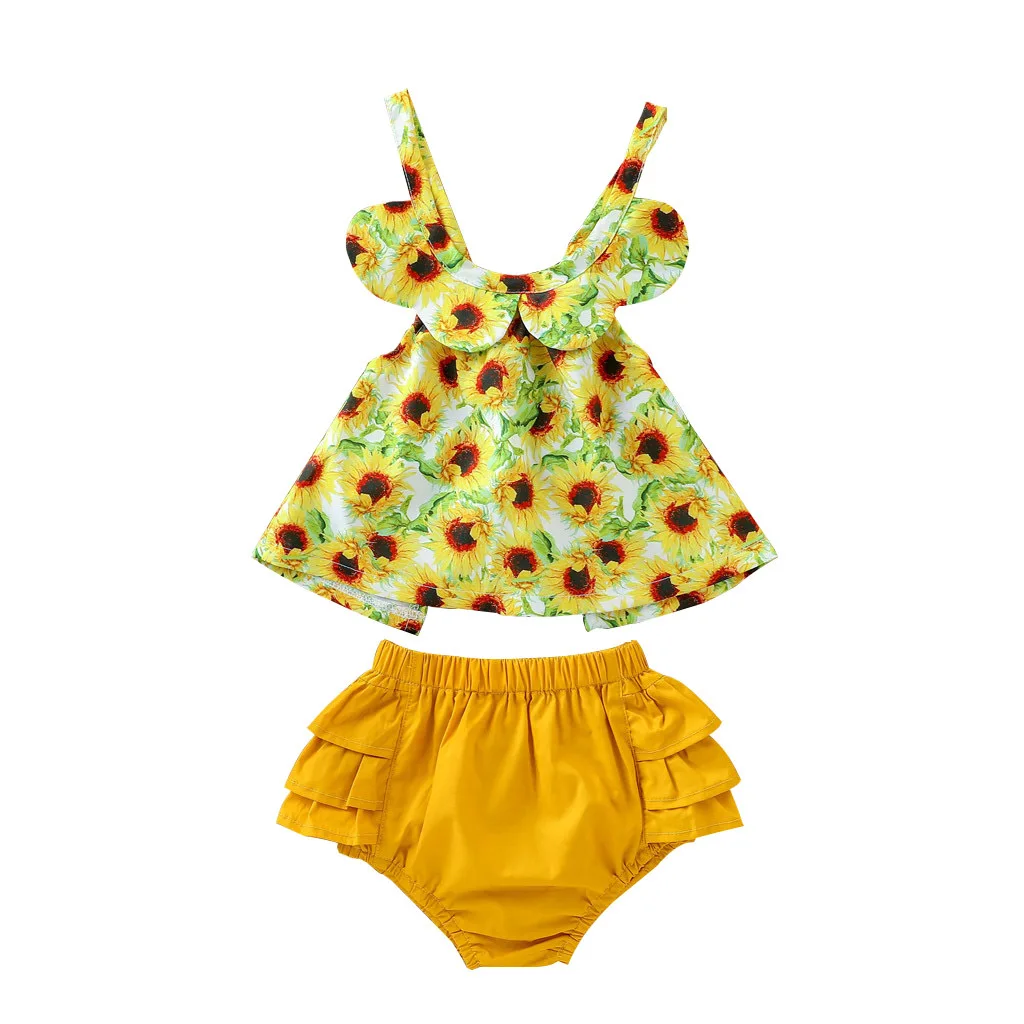 

2020 Sunflower sleeveless neck flounces sets Summer two pieces set Baby outfit kids clothing girl clothes for new style, As pic shows, we can according to your request also