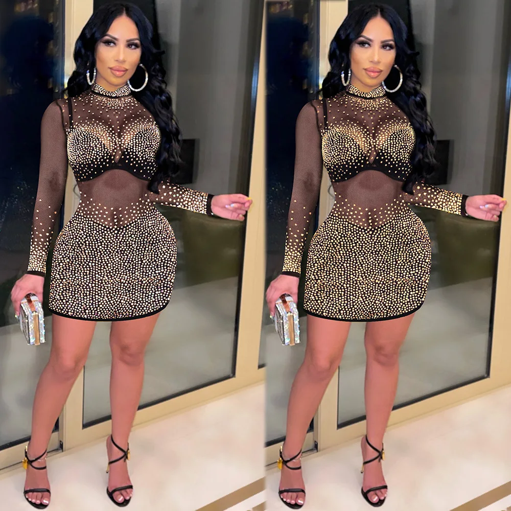 

K8969 Cheap price dropping fall see through elegant women's dresses rhinestone sexy dresses 2021 bodycon mesh nightclub dress