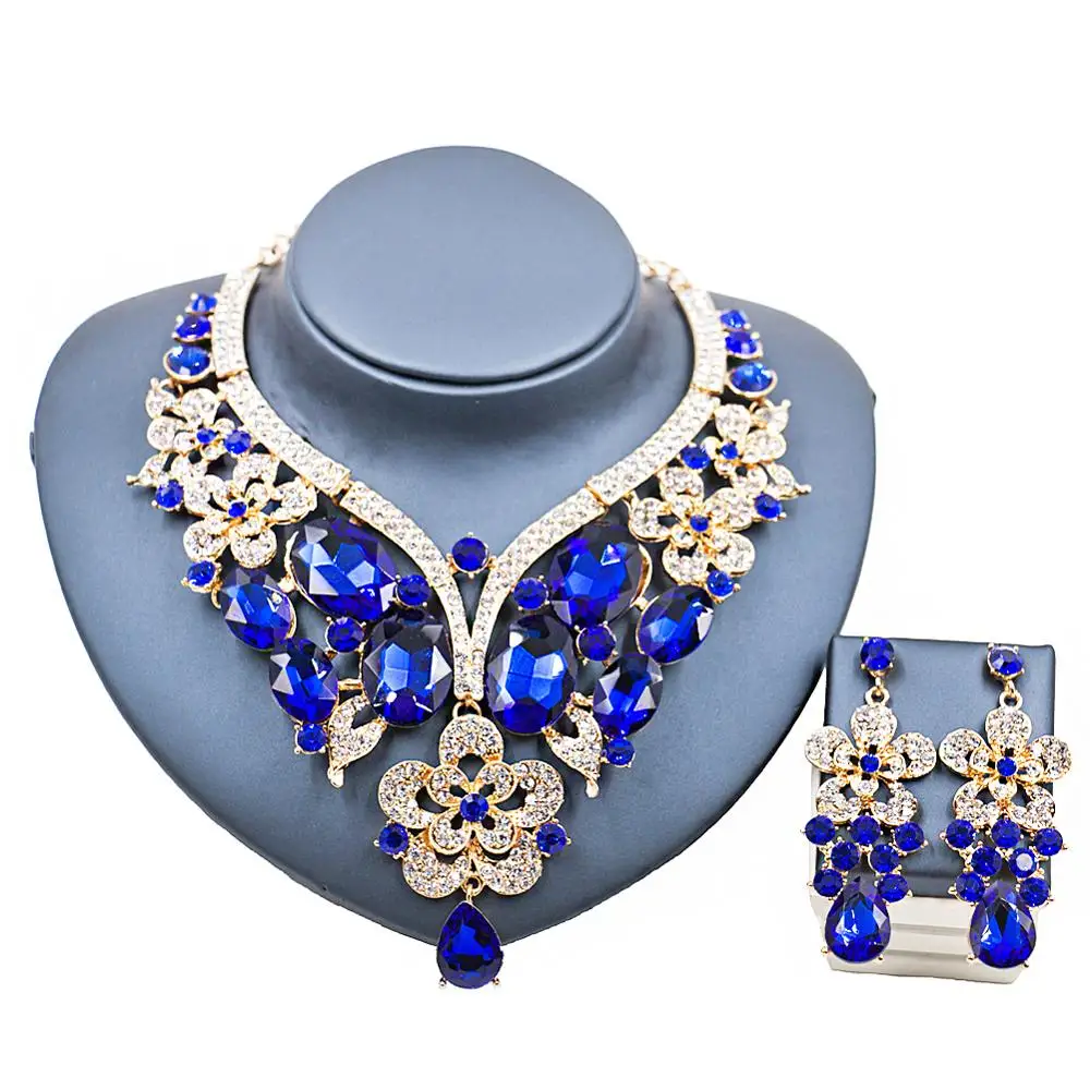 

Lan palace luxury jewelry sets gold color dubai Glass Rhinestone necklace and earrings for wedding nine colors