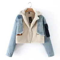 

High Quality denim windbreaker jacket lined with fleece coats wool jackets With Patches For Women
