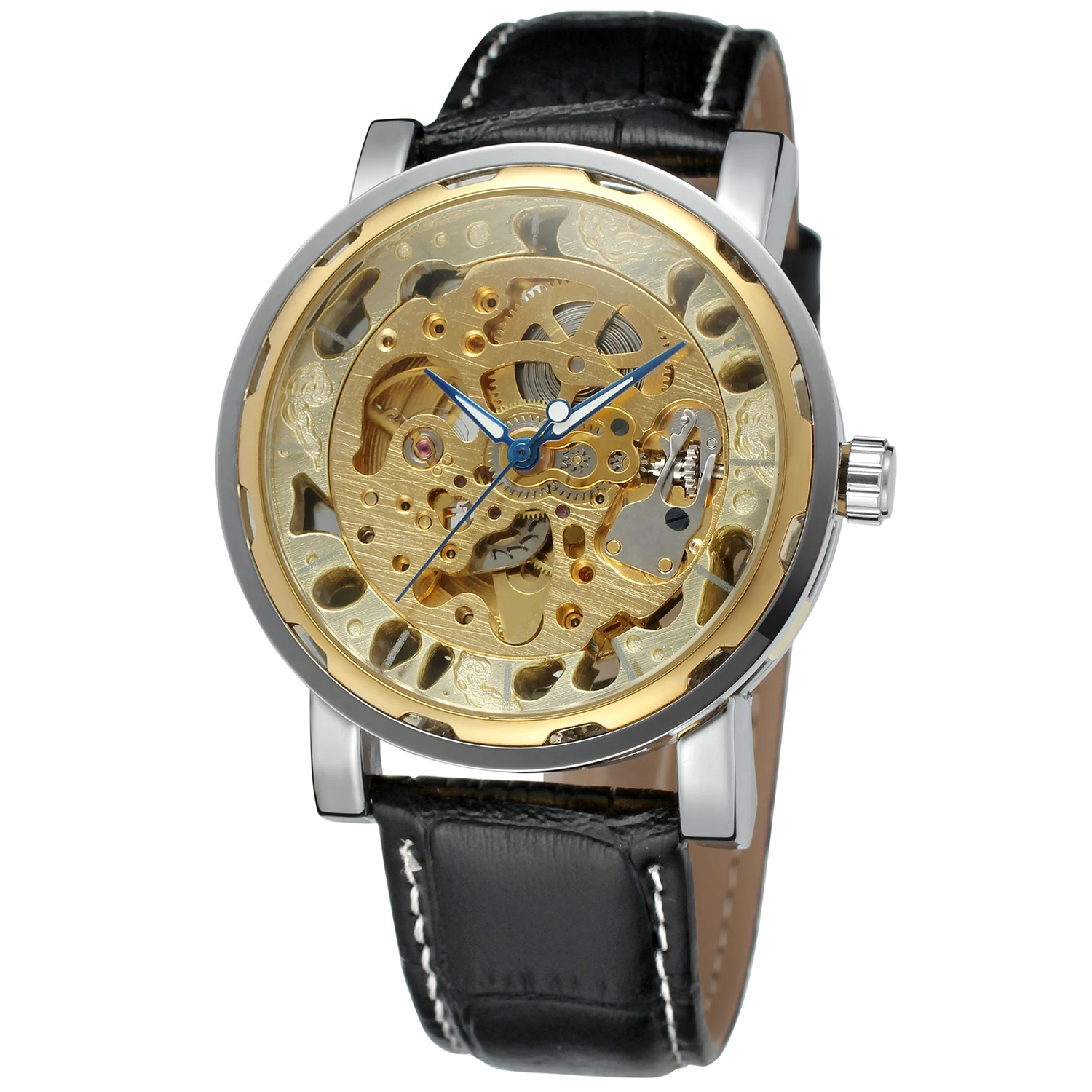 

Top Fashion Luxury Wrist Watches Engraving Mechanical Watch Gold Dial Sports Leather Retro Skeleton Mechanical Watch Men