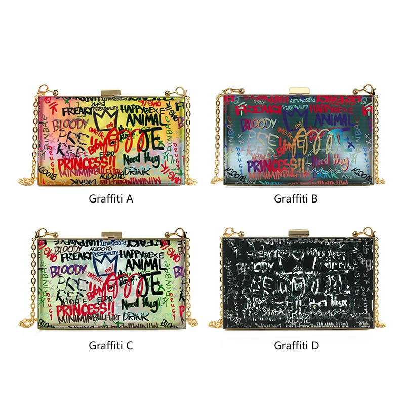 

2020 New Arrivals Clear Jelly Acrylic Evening Bag Clutch Purses Handbags Women Crossbody Bag Graffiti