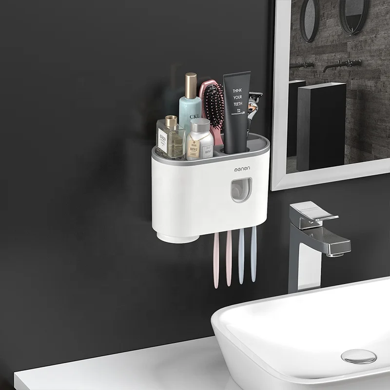 

2021 New arrival bath storage shelf plastic toothbrush holder and automatic toothpaste dispenser