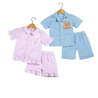 

2020 stock RTS cotton seersucker girls boys toddler kids baby infant bunny outfit set sleepwear childrens summer Easter Pajamas
