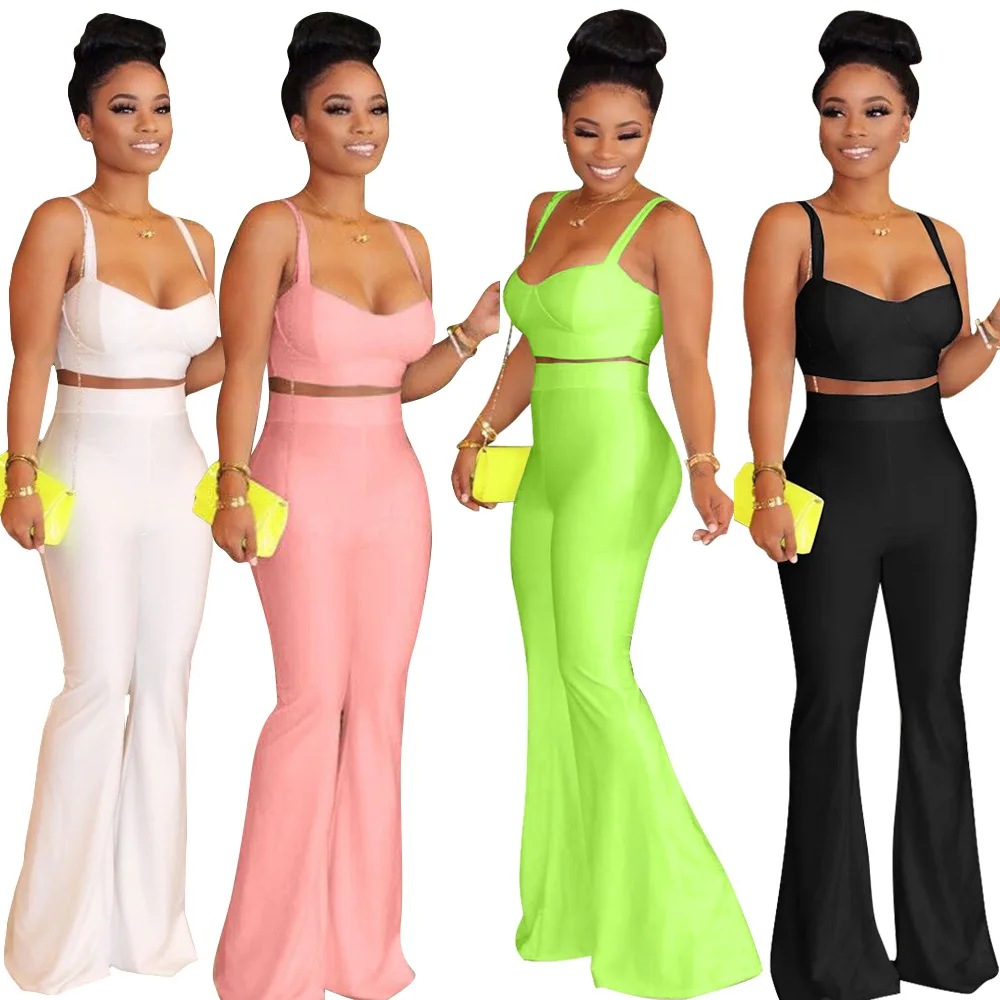 

2020 Hot sale Fashion Halter Crop Tops Bell Bottom Flare Pants Outfits Women Two Piece Sets