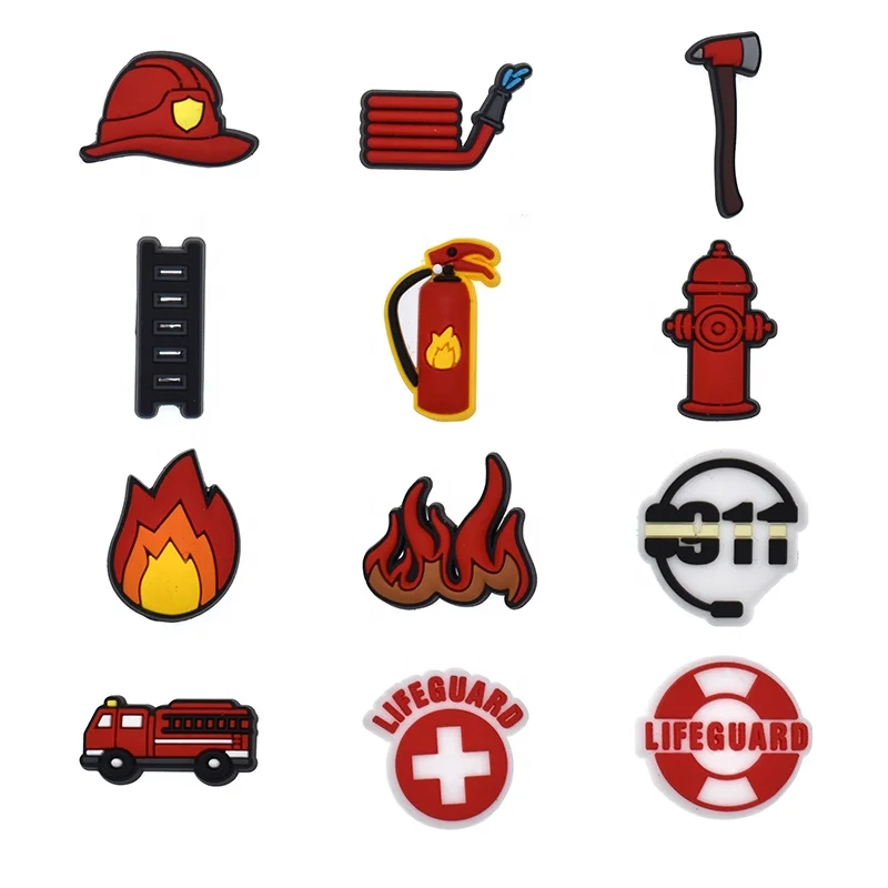 

2022 New Arrival fire truck fire fighting theme clog shoe charms pvc shoe accessory for kids adults shoes, As pic