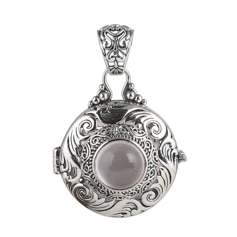 

S925 Sterling Silver Sachet Vintage Pendant for Women Fashion Hollow Openable Gawu Box Inlaid Ross Quartz Female Pendant