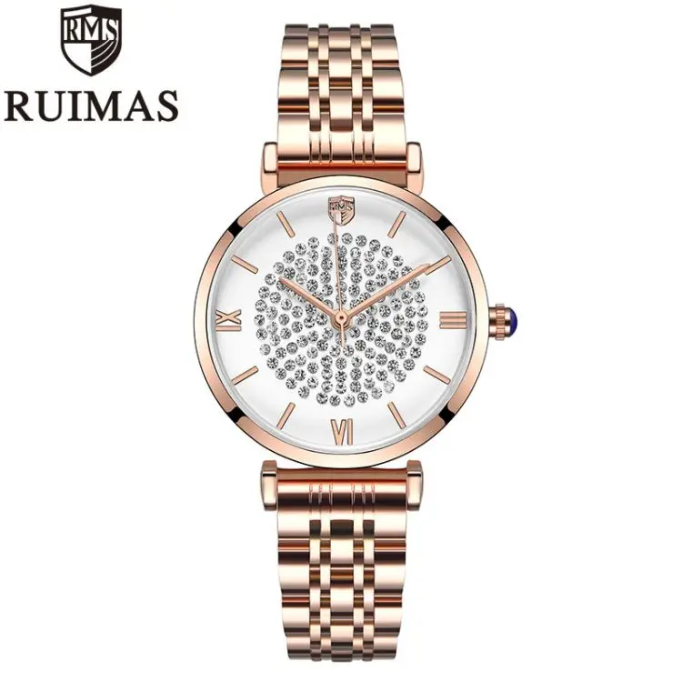 

RUIMAS RS538L Women Quartz Watch Fashion Bling Casual Ladies Watch Female Quartz Rose Gold Watch Crystal Diamond For Women Clock