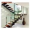 Elegant solid wooden stairs steps l shaped metal staircase with tempered glass