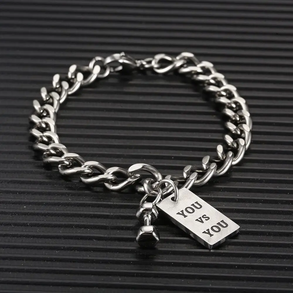 

Vintage Style Carving Logo Plate charm with Fit Training Weight Lifting Stainless Steel Bracelet men