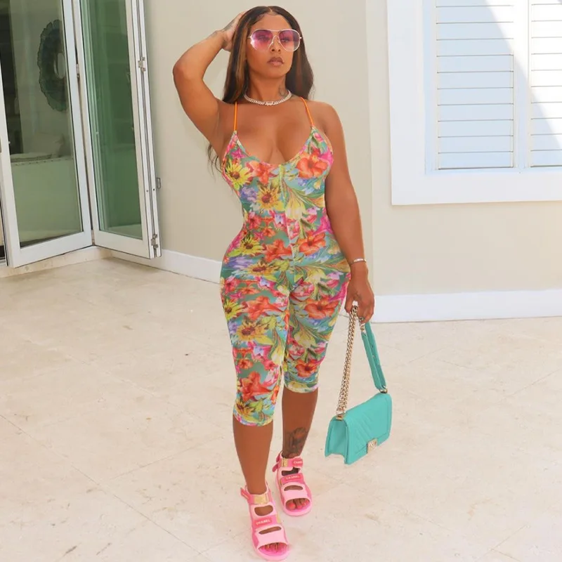 

Sexy Floral Printed Mesh Romper Club Outfits Women Biker Shorts Jumpsuits Summer 2021 Bodycon Jumpsuit Sportswear C13710