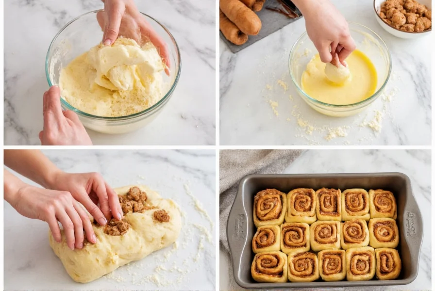 Step-by-step process of making easy cinnamon rolls: mixing dough, rolling out, adding cinnamon sugar filling, cutting rolls, baking in oven