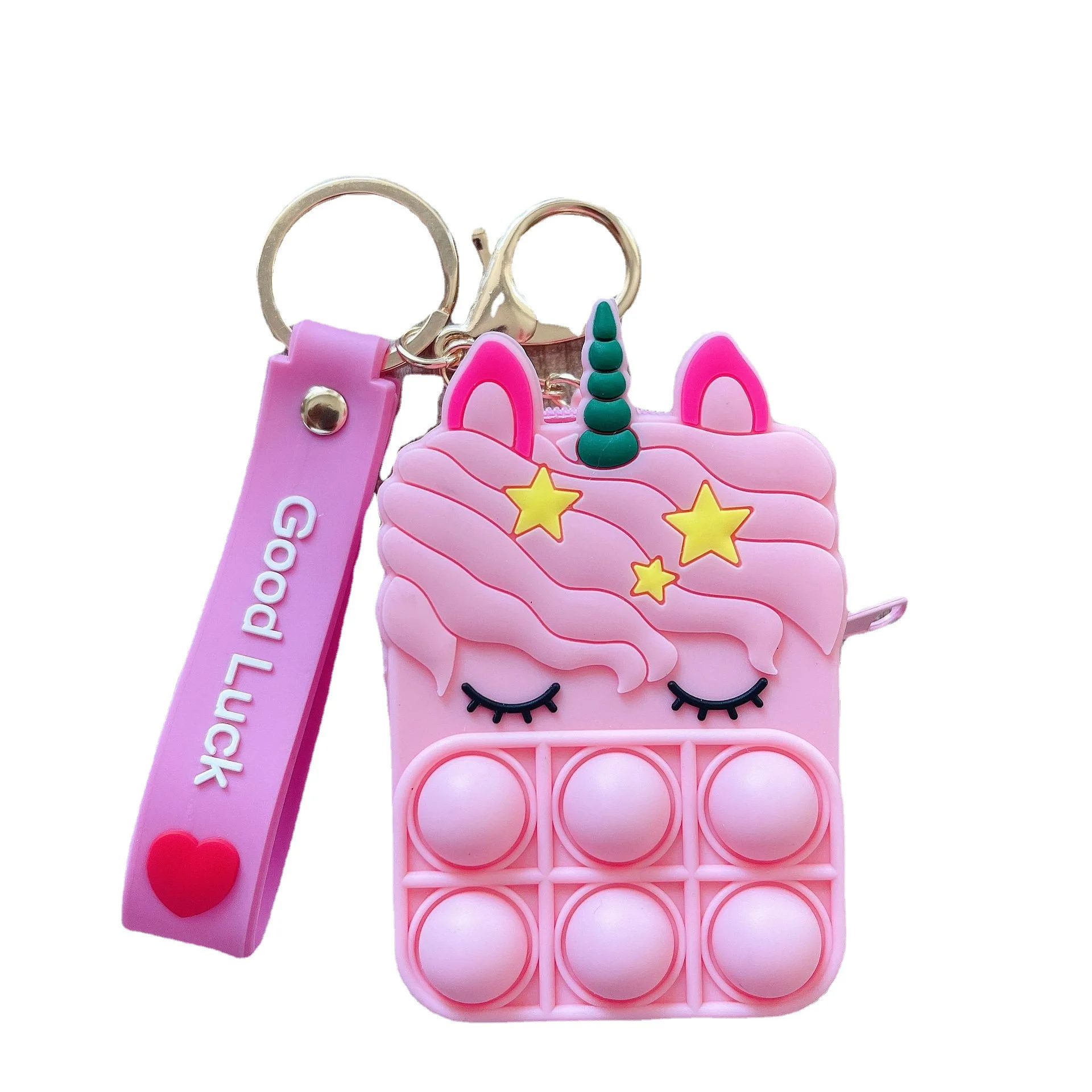 

girls pink unicorn popit bag keychain ornament accessories purse silicone children unicorn fidget pop it purse with keyring