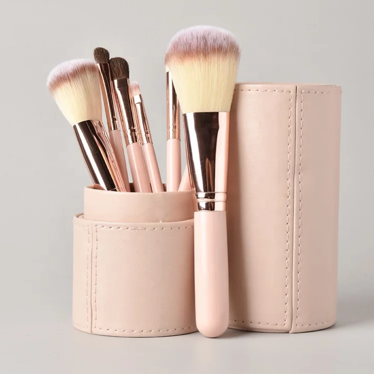 

7 Pcs Soft Natural Custom Private Label Wooden Handle Pony Hair Makeup Brush Set with Box Cylinder, As pics