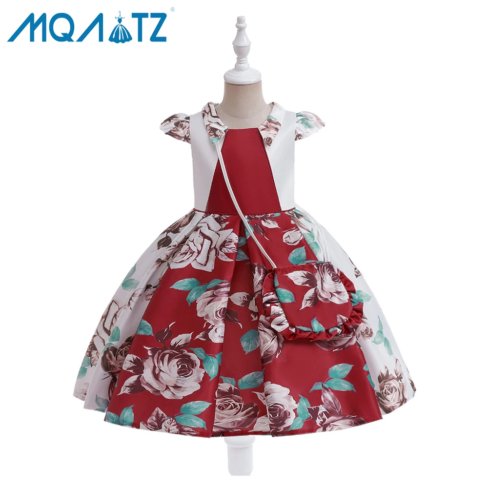 

MQATZ New Fashion Girls Short Sleeve Ruffled Frock Kids Flower Printed Party Wear Dress With Bag