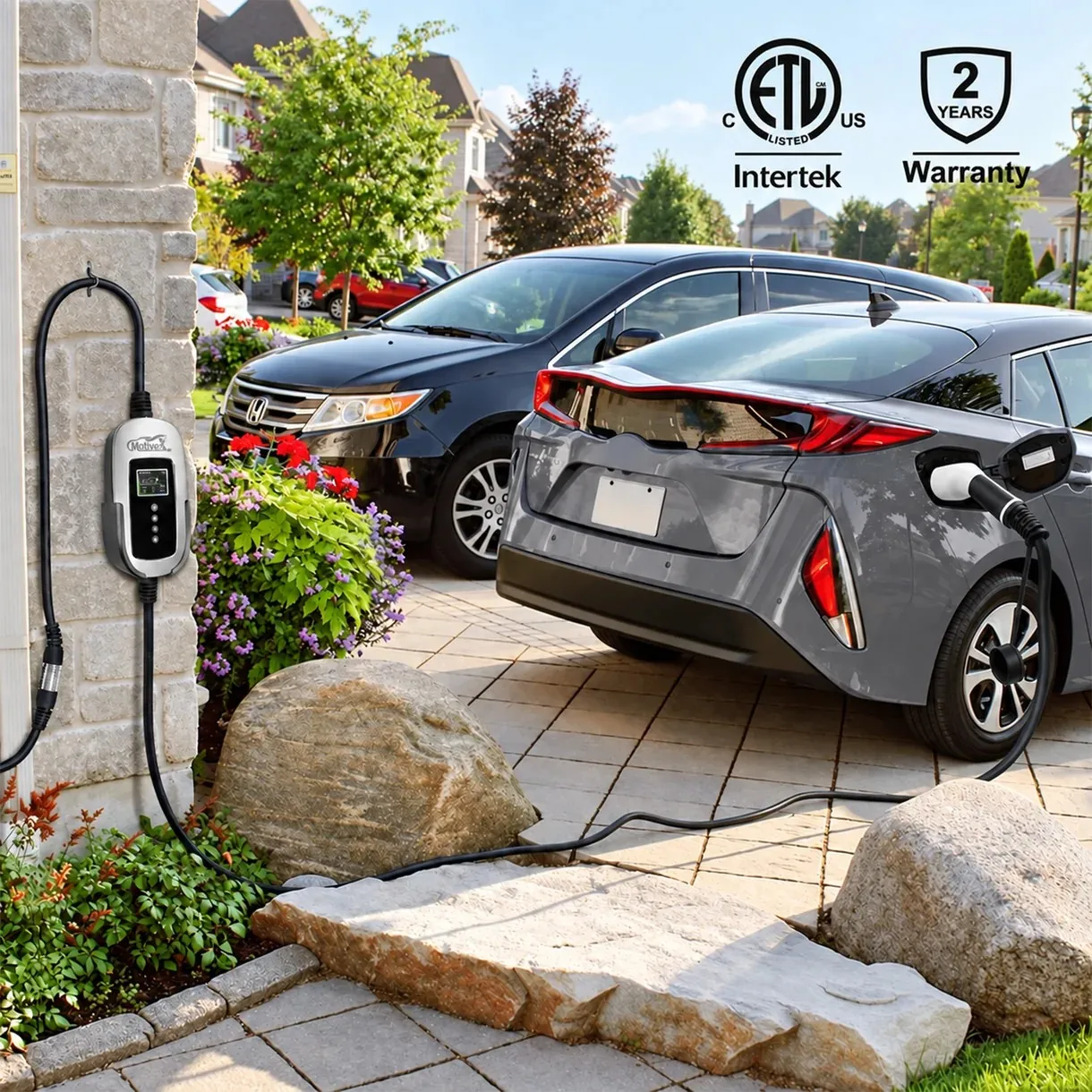 MotiveX portable EV charger hanging on a hook by a residential driveway, charging a car parked among neighbourhood vehicles