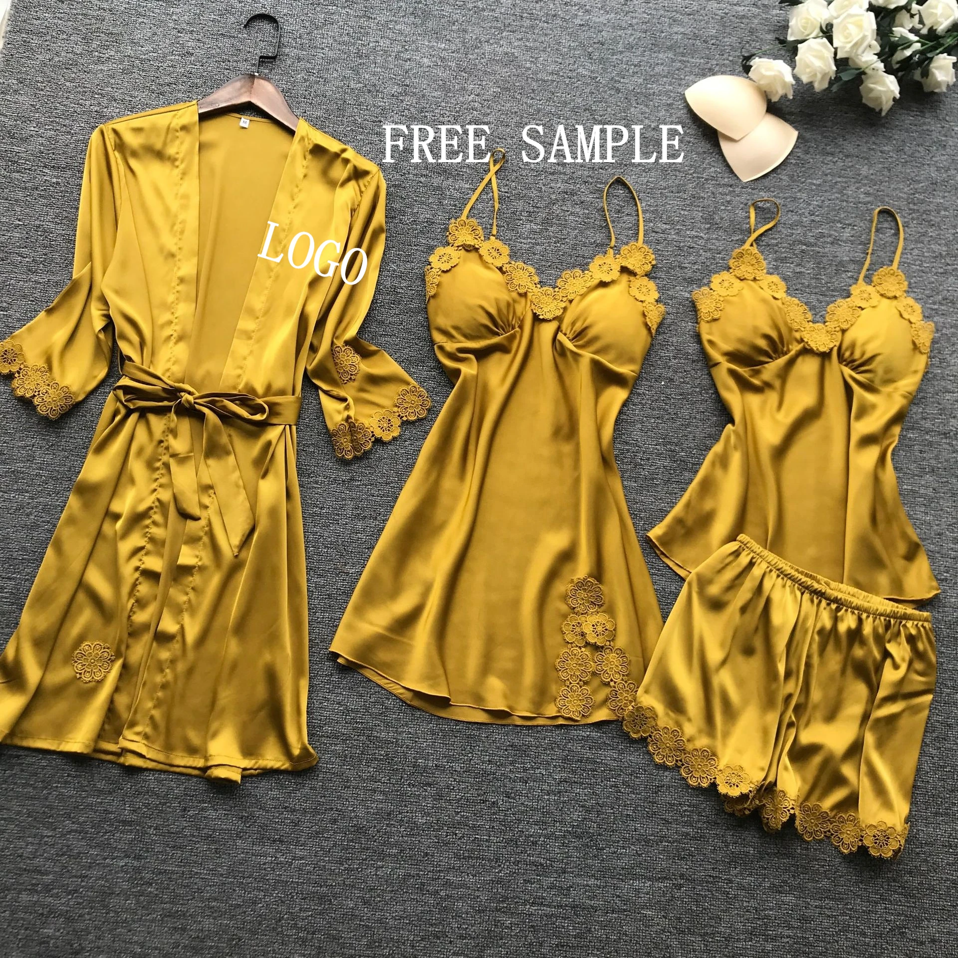 

Ins hot sale satin silk 4 pcs lace match pyjamas womens pajamas set