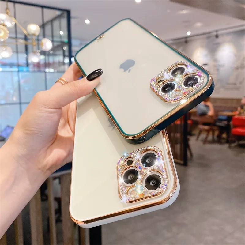 

Plating Transparent 3D Diamond Case For iPhone 12 Pro Max 11 XR X XS Max 7 Plus SE Glitter Crystal Camera Lens Protector Cover