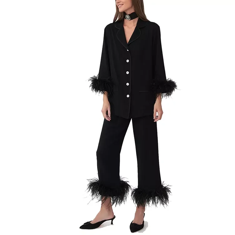 

Custom Adult Long Sleeve Pants Set Cotton Pijamas Loungewear Outfit Pajamas Feathers Trim Pajamas Set for Women, Customized color