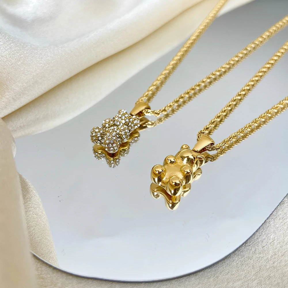 Stainless Steel 18k Gold Plated Necklace Cute Bear Full Diamond Glossy Pendant Necklace Fashion Jewelry 2023