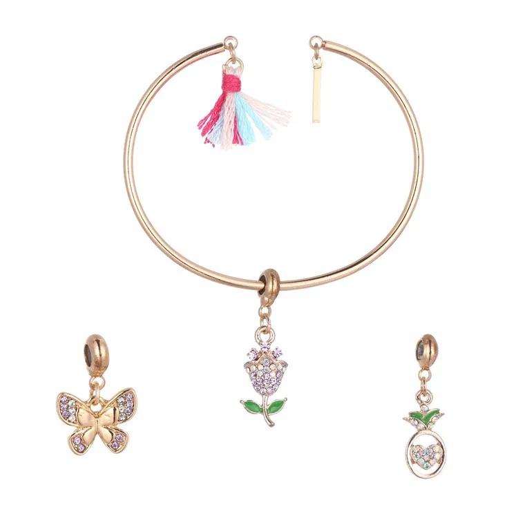 

Cross Border Cute Fashion Kids Initial Bracelet Cartoon Rose Love Pendant Butterfly Bracelet Kids Open Bangle Bracelets