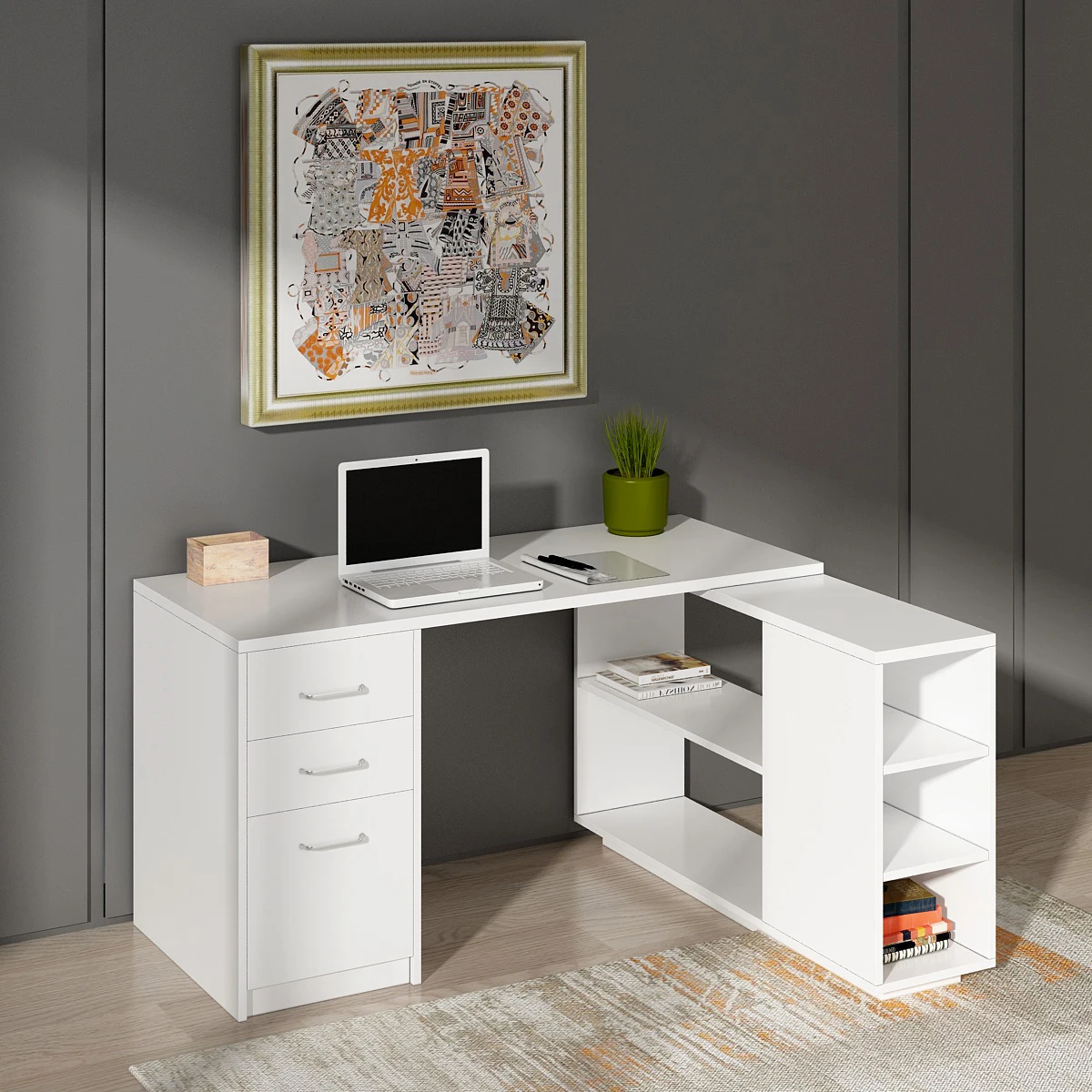 High quality white manager L shaped desk with hutch