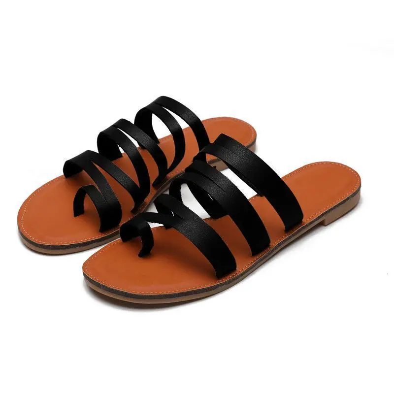 

Trendy high quality leather hard sole 2020 beach toe roman outdoor sandals women